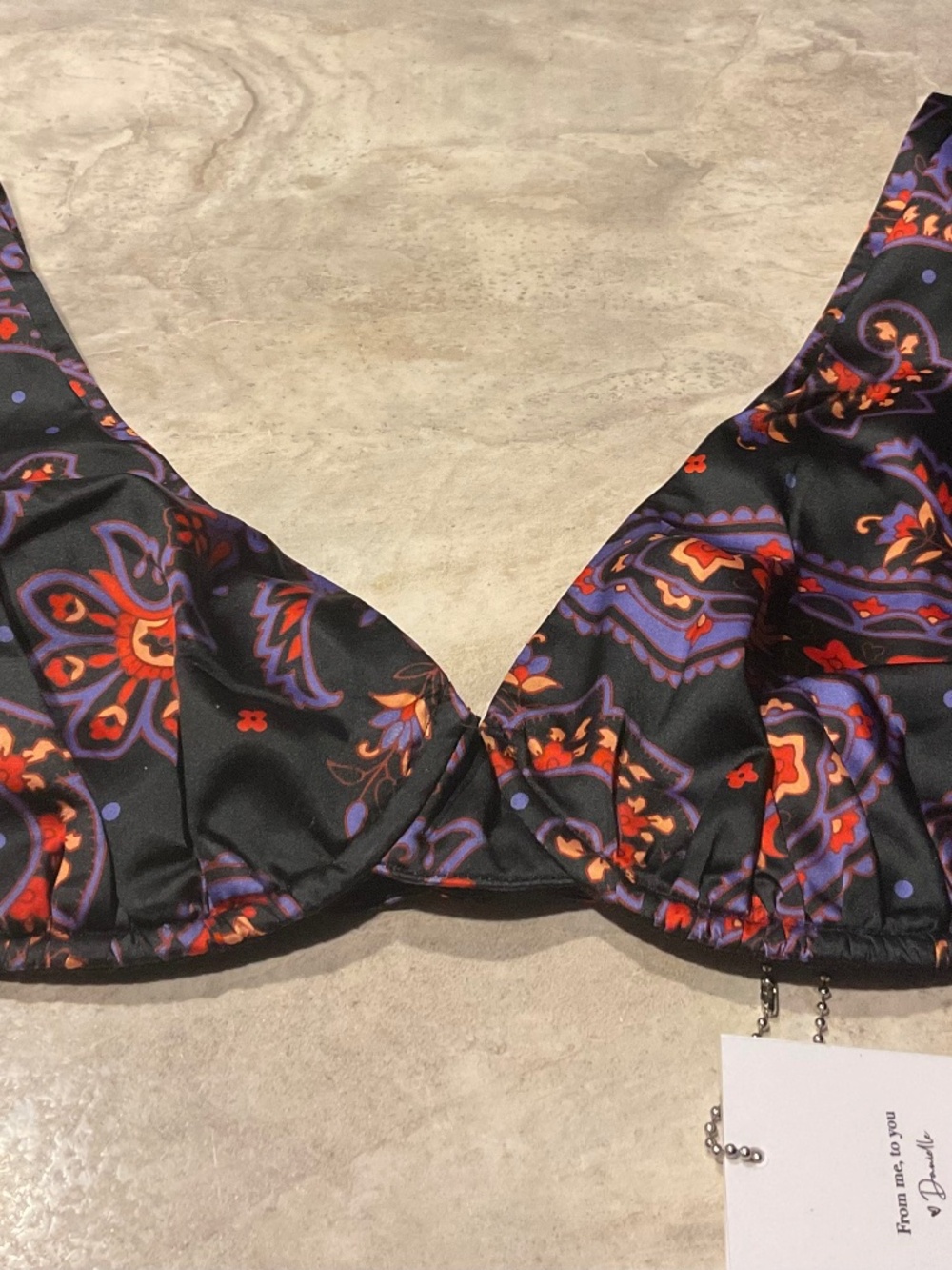 Danielle Bernstein Underwire v neck top Paisley size M New black purple